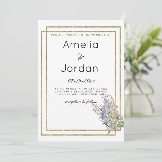 Geometrisch wit goud lavendel roze bloemen bruilof kaart (Staand voorkant)