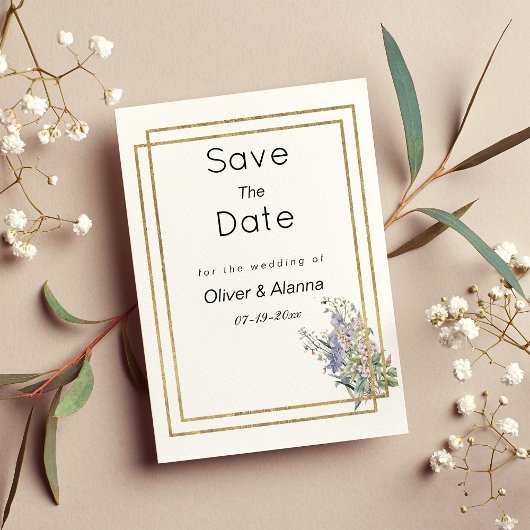 Geometrisch wit goud roze bloemen Save The Date Kaart