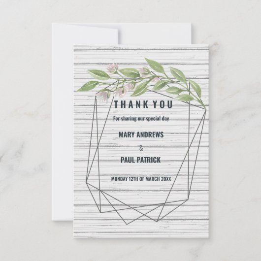 Geometrisch wit hout groen bloemig bedankkaart (Voorkant)