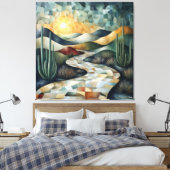 Geometrisch woestijnlandschap met cactus en zonlic canvas afdruk (Insitu (Slaapkamer))
