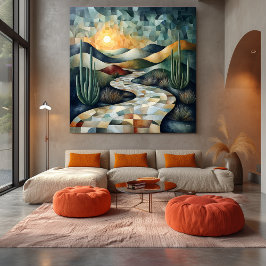 Geometrisch woestijnlandschap met cactus en zonlic canvas afdruk