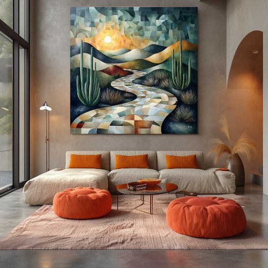 Geometrisch woestijnlandschap met cactus en zonove canvas afdruk