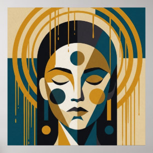 Geometrisch Zen-portret in Teal en Oker Poster