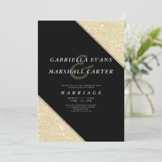 Geometrisch zwart goud ampersand glitter bruiloft kaart (Staand voorkant)