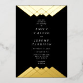 Geometrisch Zwart Goud Gatsby Bruiloft Geperst Folie Uitnodiging (Voorkant)