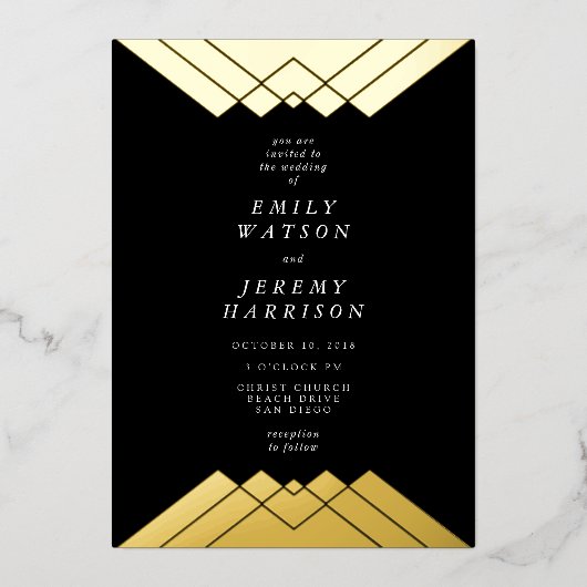 Geometrisch Zwart Goud Gatsby Bruiloft Geperst Folie Uitnodiging (Voorkant)