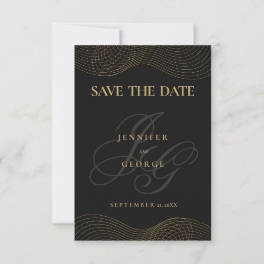 Geometrisch zwart goud monogram Save The Date (Voorkant)