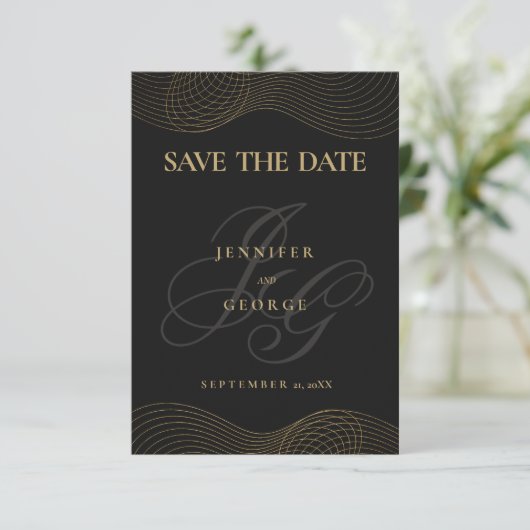 Geometrisch zwart goud monogram Save The Date (Staand voorkant)
