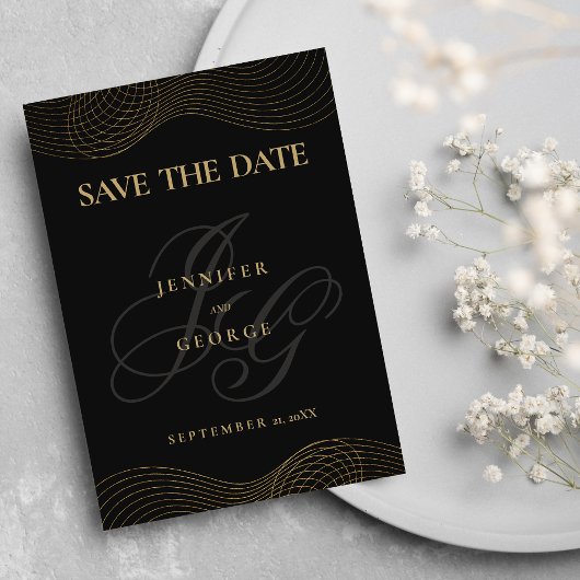 Geometrisch zwart goud monogram Save The Date