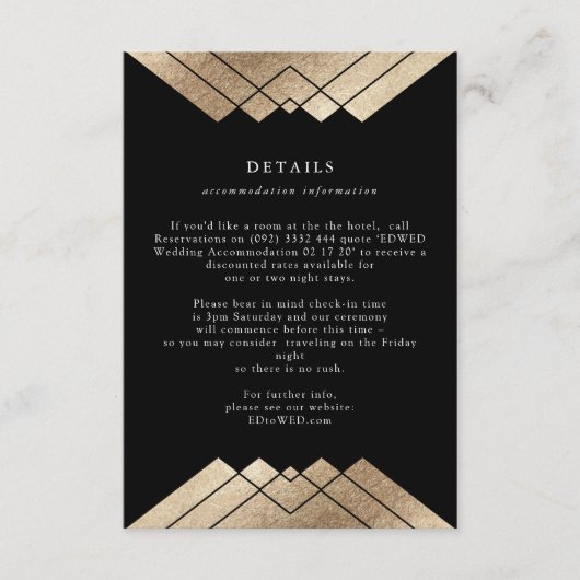 Geometrisch  Zwart Gouden Folie Bruiloft Details Informatiekaartje (Voorkant)