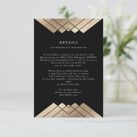 Geometrisch  Zwart Gouden Folie Bruiloft Details Informatiekaartje (Staand voorkant)