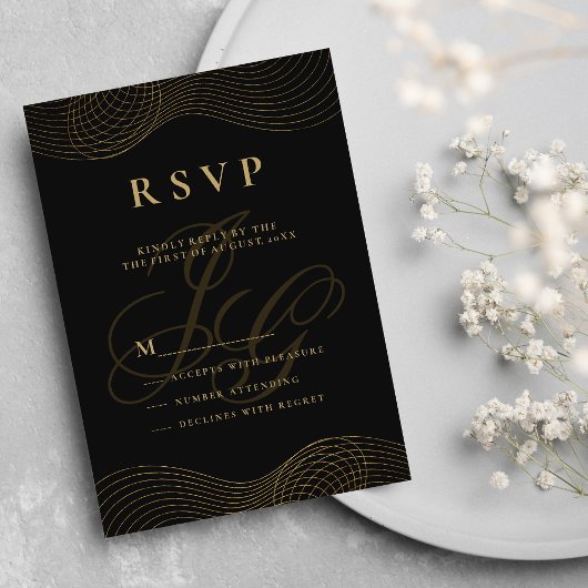 Geometrisch zwart gouden monogram initialen RSVP Kaart