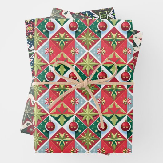 Geometrische 50-60s Kerstkleuren rood groen wit Inpakpapier Vel (In situ)