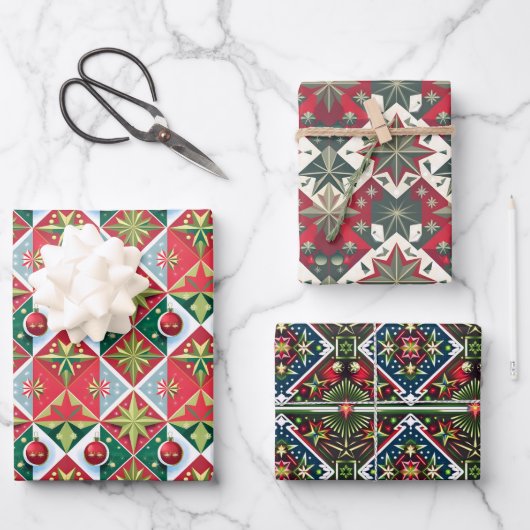 Geometrische 50-60s Kerstkleuren rood groen wit Inpakpapier Vel (Voorkant)