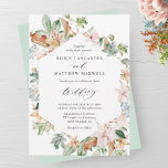 Geometrische aardbloei in Sage Green Wedding Kaart<br><div class="desc">Verfijn je gasten met deze mooie trouwuitnodiging met voortreffelijke waterverf bloemen die geometrische hexagon lijst bevatten waarop je trouwgegevens te zien zijn. Moderne handgeschreven kalligrafie-elementen. Floral in een mooi mengsel van stoffige rozen, blozen, beige, bruin, stoffig blauw, roest, verbrande oranje en groene tinten. Mogelijkheid om "samen met hun ouders" de...</div>