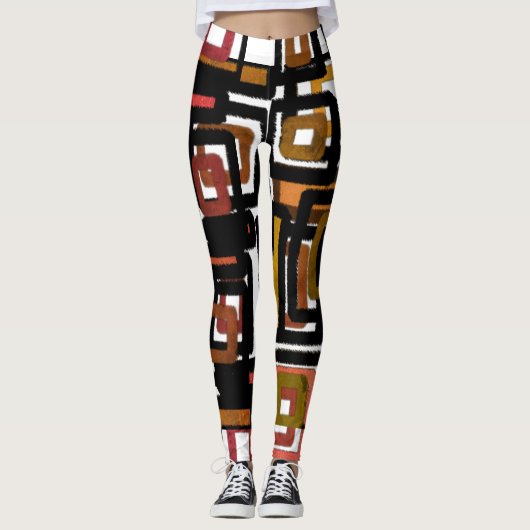 Geometrische Abstracte blokken Rust Black White Leggings (Voorkant)
