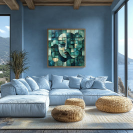 Geometrische Abstracte Gezichtskunst – Teal en Bla Perfect Poster