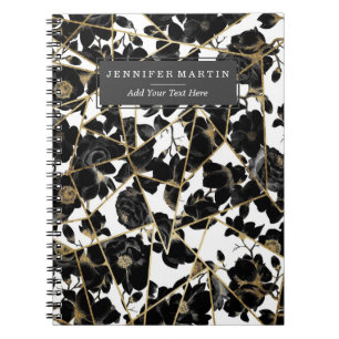 Geometrische Abstracte zwarte Floral Gold Triangle Notitieboek