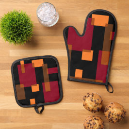 Geometrische abstractie rood Oranje zwart Ovenwant & Pannenlap Set