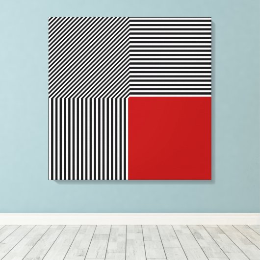 Geometrische abstractie, strepen B/W rood vierkant Canvas Afdruk (Insitu (Houten vloer))