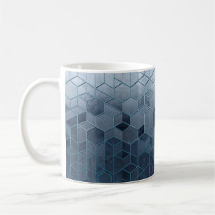 Geometrische abstractie van zeshoeken op een blauw koffiemok