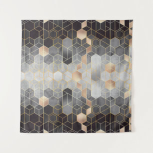 Geometrische abstractie van zeshoeken op zwart en wandkleed