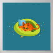 Geometrische afbeelding van gemberkat op bed poster (Voorkant)