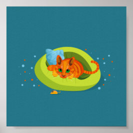 Geometrische afbeelding van gemberkat op bed poster