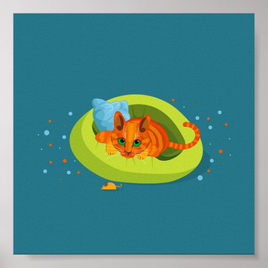 Geometrische afbeelding van gemberkat op bed poster (Voorkant)