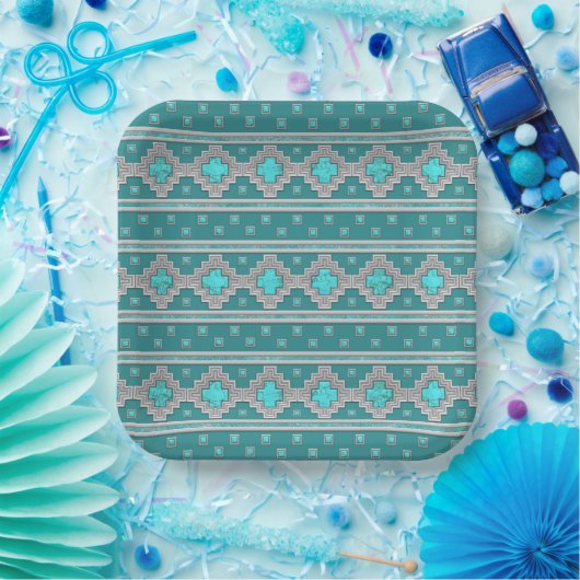 Geometrische afdruk van de Southwest Turquoise Sto Papieren Bordje (Feest)