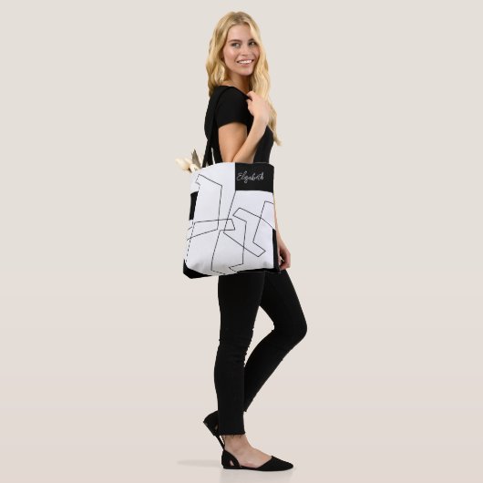 Geometrische afmeting van zwart-wit en zwart-wit tote bag (Op model)
