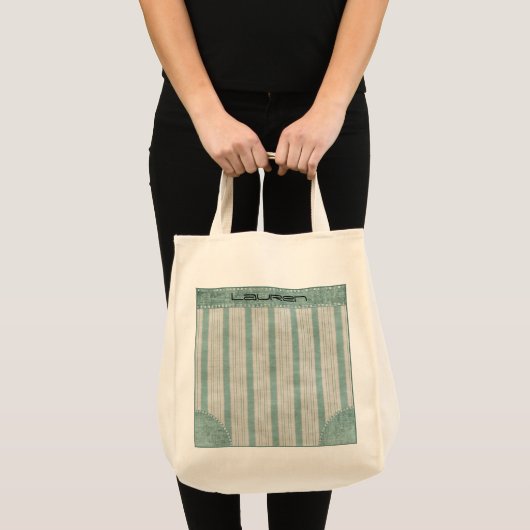 Geometrische Aqua en witte linen Stripes personali Tote Bag (Voorkant (product))