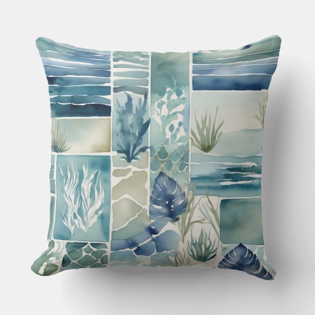 Geometrische Aqua Flora Aquarelle Decor Kussen (Voorkant)