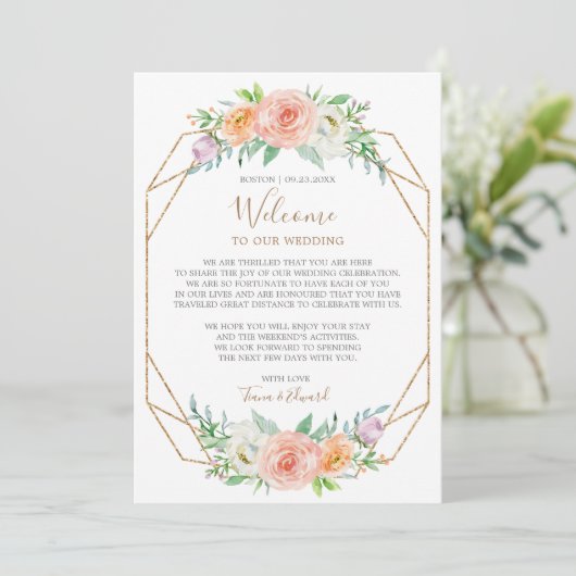 Geometrische Aquarel Bloem Bruiloft Welkom Brief Kaart (Staand voorkant)