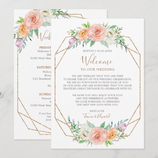 Geometrische Aquarel Bloem Bruiloft Welkom Brief Kaart (Voorkant / Achterkant)