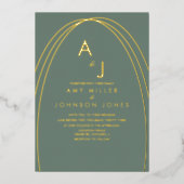 Geometrische Arch Border Weddenschap geperste Sage Folie Uitnodiging (Voorkant)