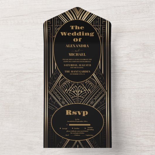 Geometrische Art Deco bruiloft All In One Uitnodiging (Binnen)