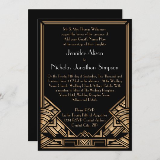 Geometrische Art Deco Gatsby Stijl Bruiloft uitnod Kaart (Voorkant / Achterkant)