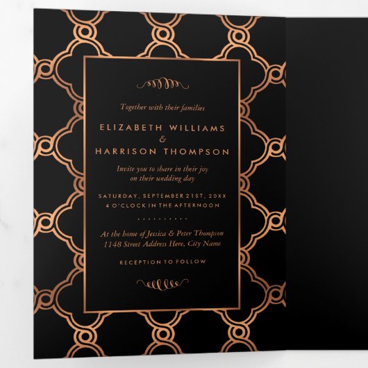 geometrische Art Deco Gatsby Wedding Suite Drieluik Uitnodiging (Binnenzijde eerst)