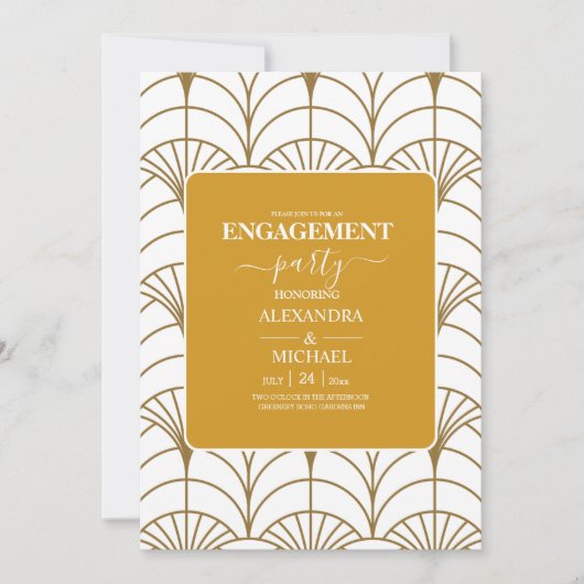 Geometrische Art Deco Gold White Gatsby Verloving Kaart (Voorkant)