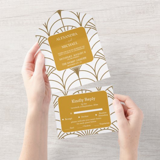 Geometrische Art Deco Goud Wit Gatsby Bruiloft All In One Uitnodiging (Afscheurbaar)