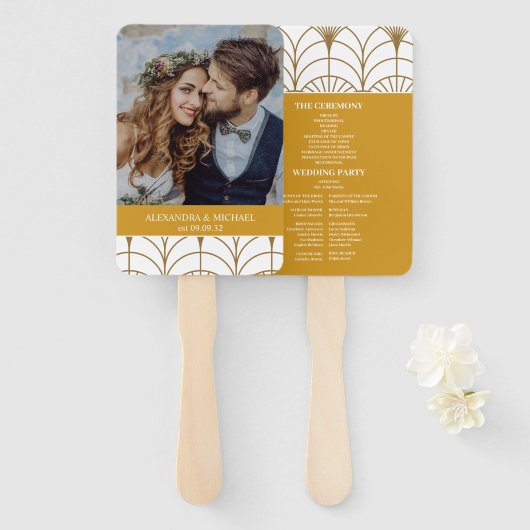 Geometrische Art Deco Goud Wit Gatsby Bruiloft Handwaaier (Voorkant en achterkant)