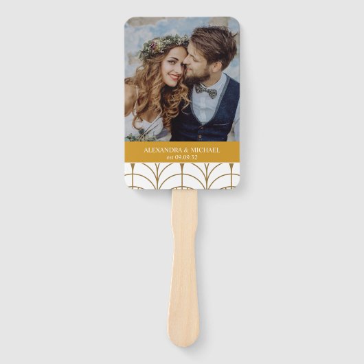 Geometrische Art Deco Goud Wit Gatsby Bruiloft Handwaaier (Voorkant)