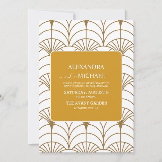 Geometrische Art Deco Goud Wit Gatsby Bruiloft Kaart (Voorkant)