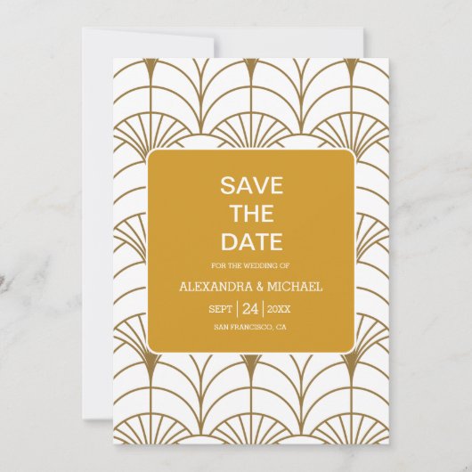 Geometrische Art Deco Goud Wit Gatsby Bruiloft Save The Date (Voorkant)