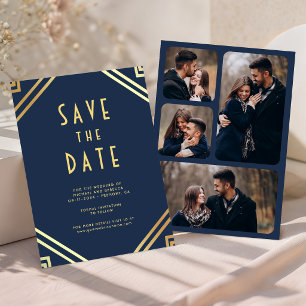 Geometrische Art Deco Navy Blau Goud Foto Bruiloft Save The Date