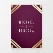 Geometrische Art Deco Plum Gold QR Code Wedding Drieluik Uitnodiging (Cover)