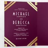 Geometrische Art Deco Plum Gold QR Code Wedding Drieluik Uitnodiging (Binnenzijde eerst)