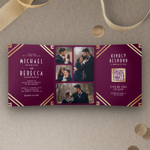 Geometrische Art Deco Prume Gold QR Code Trouwen Drieluik Uitnodiging