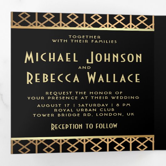  geometrische art deco stijl foto bruiloft drieluik uitnodiging (Binnenzijde eerst)